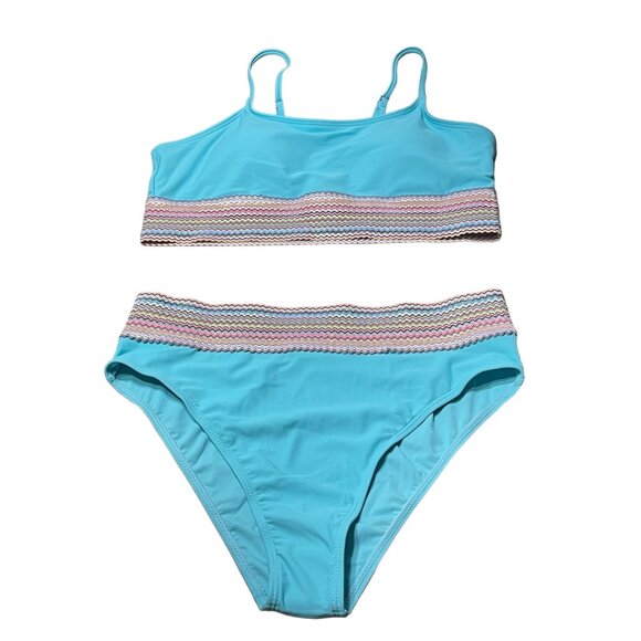 NWOT.Sky Blue Striped Patchwork Spaghetti Strap High Waist Bikini Swimsuit Size - Picture 7 of 11